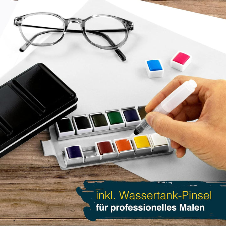 Artina Colaro Farbkasten Aquarellfarben 12 Set Wasserfarbe Malkasten Metallkasten mit Aquarell Palet