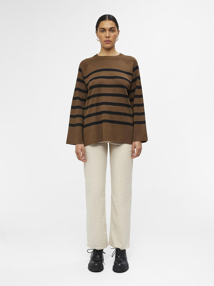 Object Damen Objester Ls Knit Top Noos Pullover, Dark Earth/Stripes:black