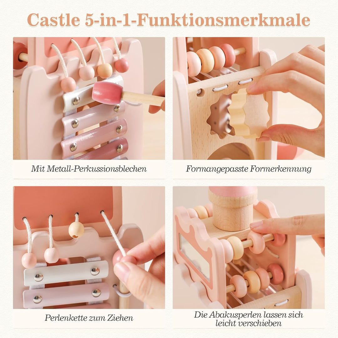 WOODEN TEETHER Montessori Motorikwürfel holzspielzeug Montessori Spielzeug ab 1 Jahr 5 in 1（Rosa Sch