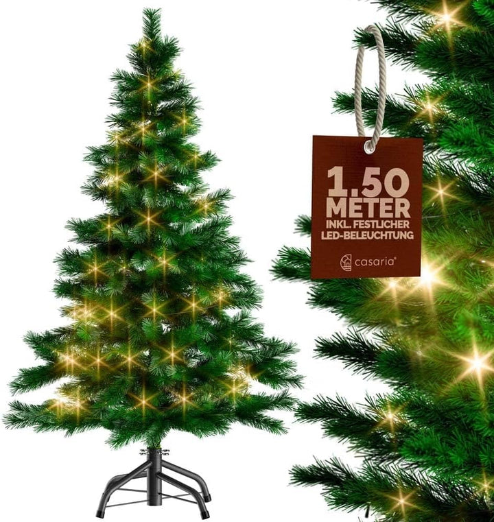 CASARIA® Weihnachtsbaum künstlich 150cm mit Lichterkette 100 LED warm weiss inkl. Metallständer 360