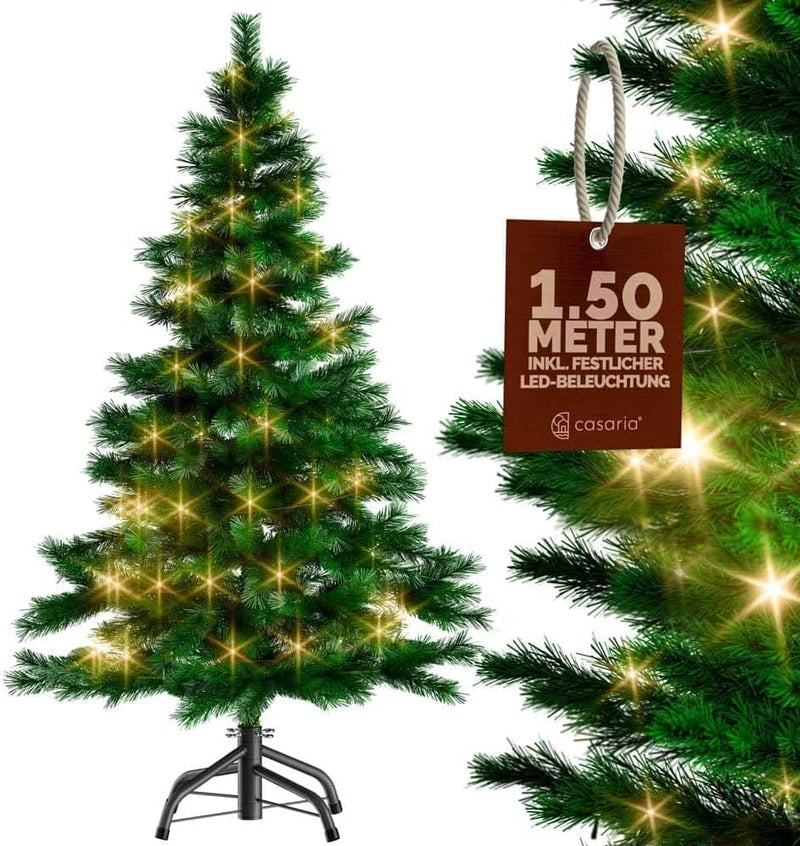 CASARIA® Weihnachtsbaum künstlich 150cm mit Lichterkette 100 LED warm weiss inkl. Metallständer 360
