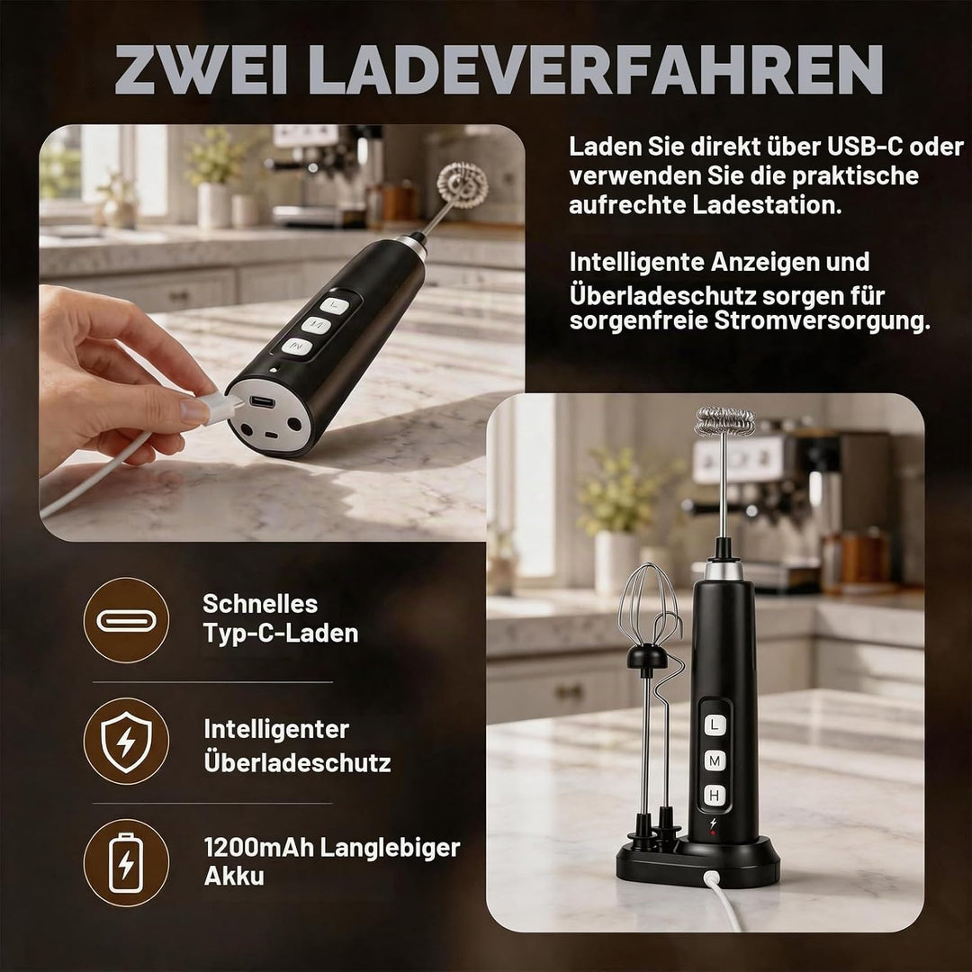 Elektrischer Milchaufschäumer Stab mit Überladeschutz, USB Aufladbar Milchschäumer Elektrisch mit 3