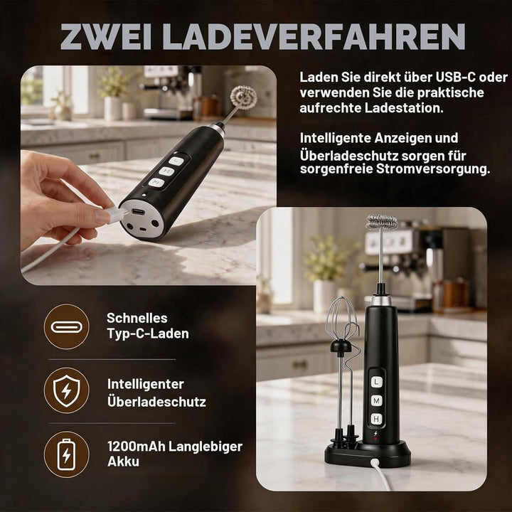 Elektrischer Milchaufschäumer Stab mit Überladeschutz, USB Aufladbar Milchschäumer Elektrisch mit 3