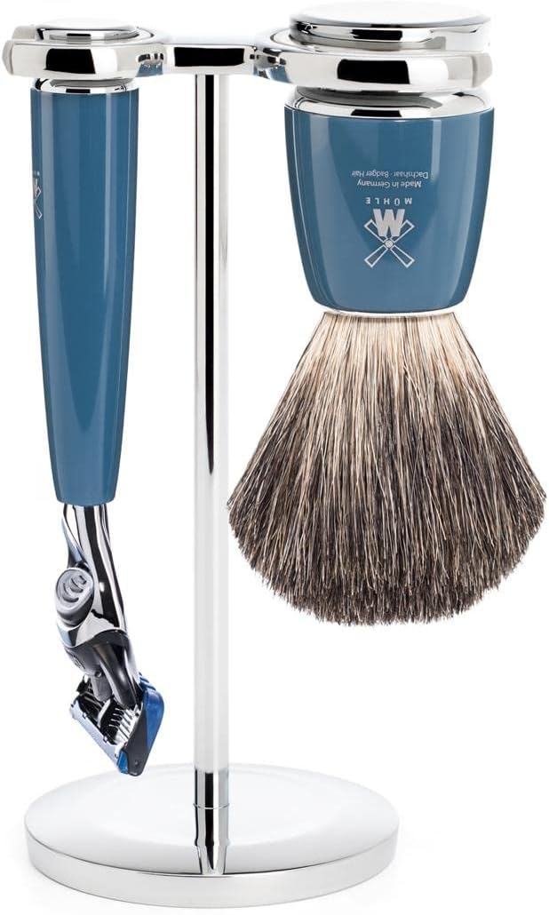 MÜHLE Rytmo Rasierset - Rasierer kompatibel mit Gillette-Klingen, Rasierpinsel reines Dachshaar, Hal