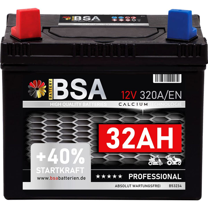 Rasentraktor Aufsitzmäher Batterie 32Ah 12V Starterbatterie absolut WARTUNGSFREI Plus Pol links 30Ah