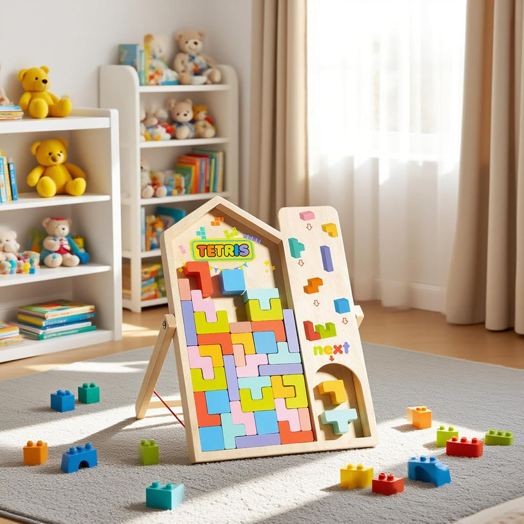 Montessori Tetris Holzspiel, Holz Tetris Stapelpuzzle mit Halterung, Eltern Kind Interaktives Holzpu