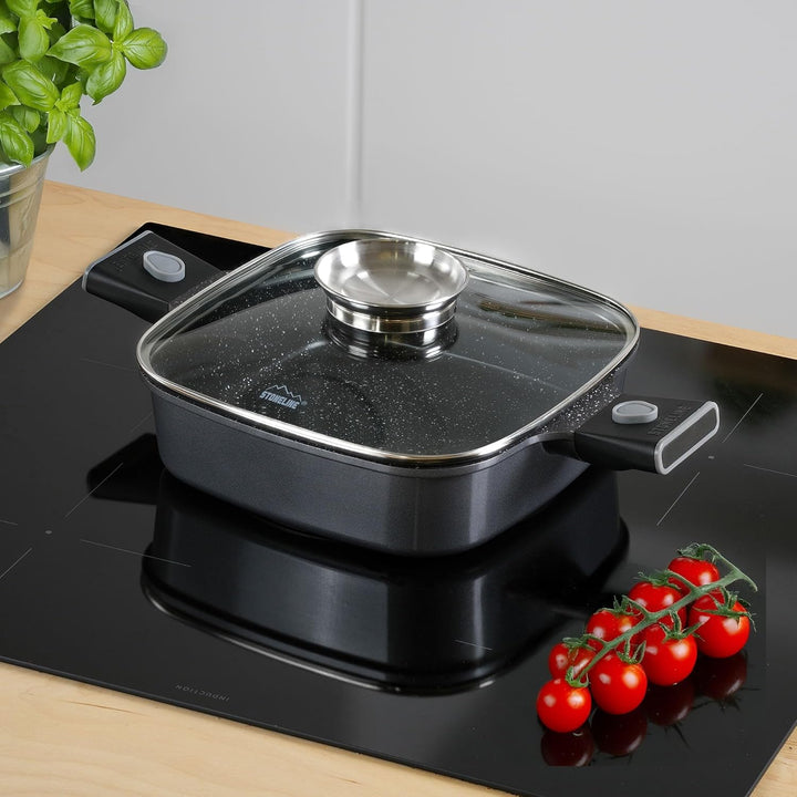 STONELINE SMART Servierpfanne 24 cm, Eckige Pfanne mit Deckel, Abnehmbarer Griff, Aluguss Pfanne Ind