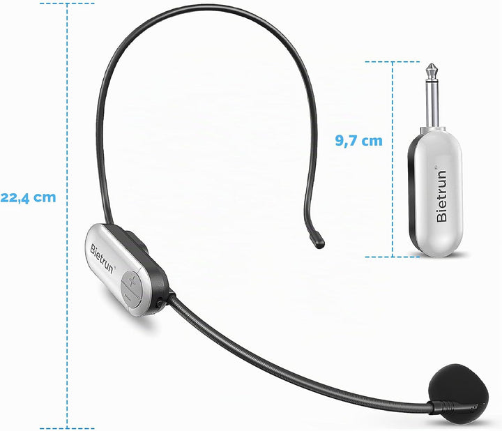 Bietrun UHF-Headset mit kabellosem Mikrofon, 50 m Reichweite, Betriebszeit 6 Stunden, 6,35-mm-Stecke