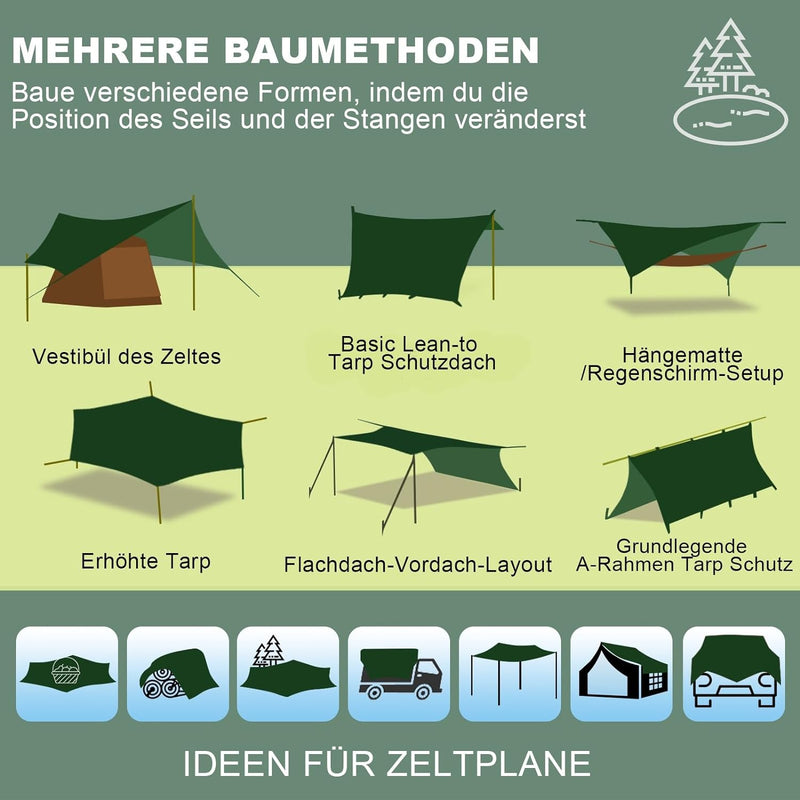 JAICOM Tarp 3,7 x 4,3 Wasserdicht, Ultraleicht Zeltplane Mit Stützstangen, Ösen, Aluminiumstiften, N