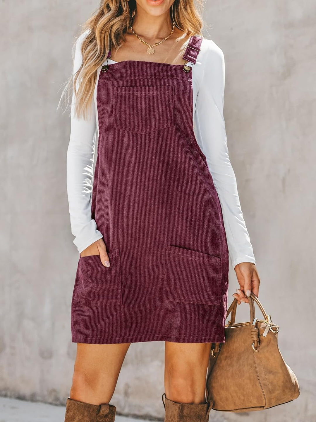 CUPSHE Damen Latzrock Quadratischer Ausschnitt Hosenträger Taschen Cord Latzkleid Overallkleid Freiz