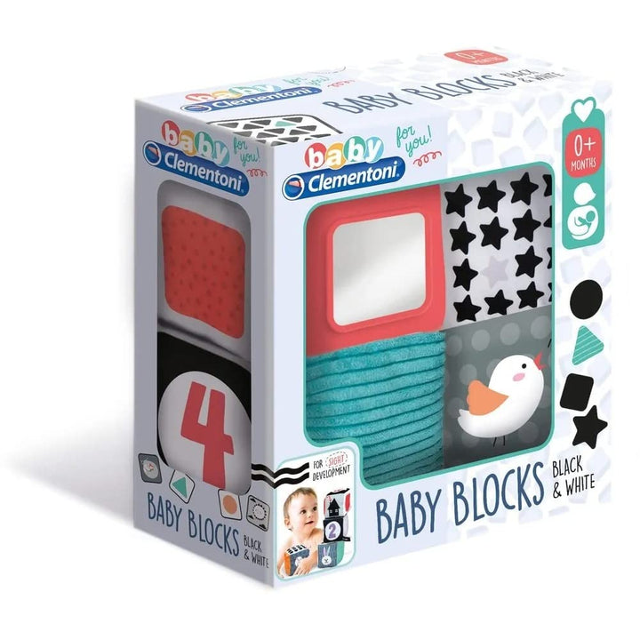 Clementoni 17321 Black & White Würfel, 4 lehrreiche Plüschwürfel, weiches Spielzeug für Babys Entwic