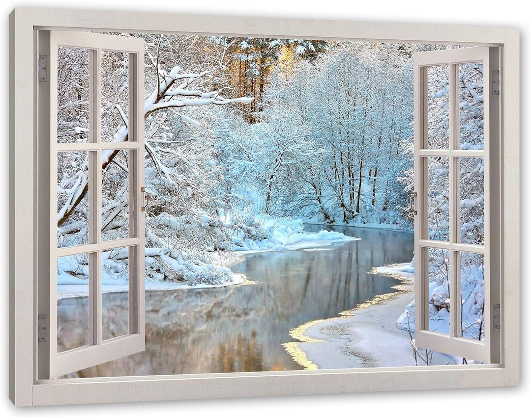 Pixxprint Atemberaubende Winterlandschaft, Fenster Leinwandbild | Grösse: 100x70 cm | Wandbild | Kun
