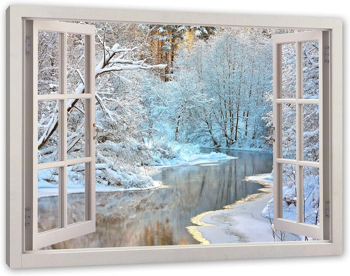 Pixxprint Atemberaubende Winterlandschaft, Fenster Leinwandbild | Grösse: 100x70 cm | Wandbild | Kun