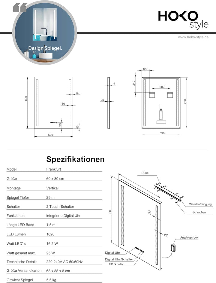 HOKO® LED Badspiegel 60x80 cm. Badezimmer Spiegel mit Uhr. Design Bad Spiegel mit Beleuchtung und mi