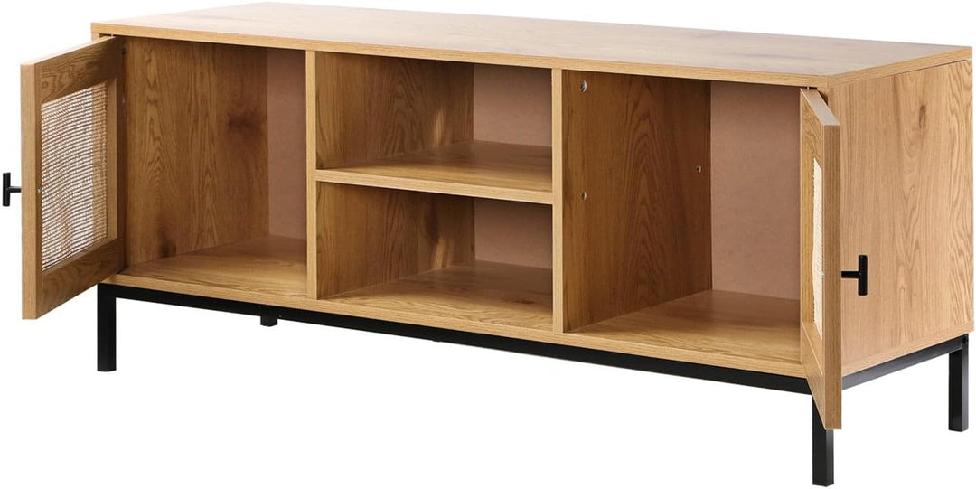 Calicosy TV-Möbel mit 2 Türen, 2 Nischen – Rattangeflecht – Holzdekor – Spanplatten – Metallstruktur