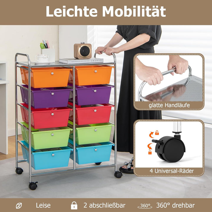 GOPLUS Rollwagen mit 10 Schubladen stapelbar, Rollcontainer mit Ablage & Metallgestell, Badregal, Au