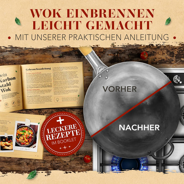 KRUSTENZAUBER 36cm Wokpfanne runder Boden - Traditionelle Stahlwokpfanne mit Wokwender u. Wokring -