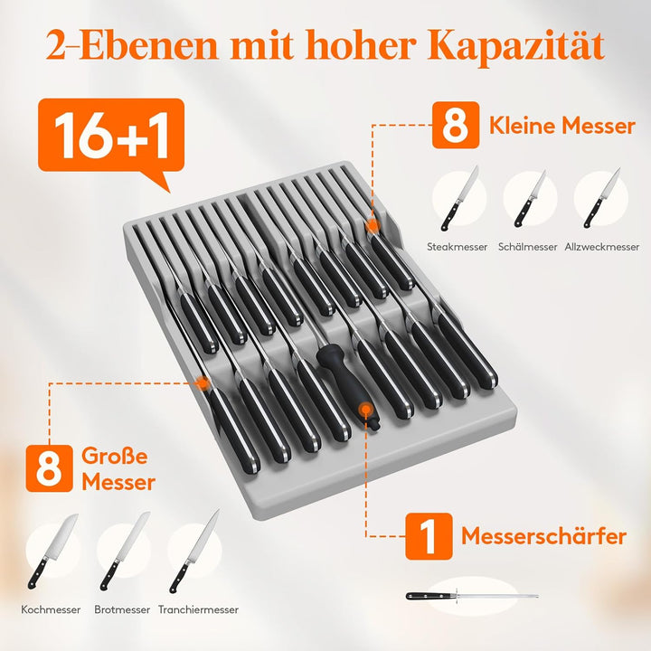 Lifewit Magnetischer Messerhalter Schublade für 16 Messer, Messer Organizer mit Rutschfestem Boden,
