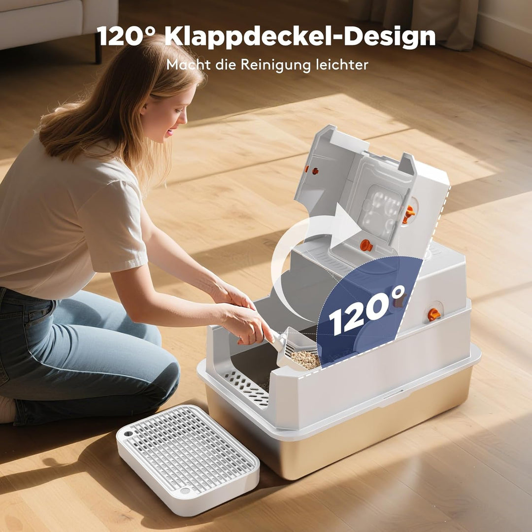 MIXJOY Edelstahl Katzenklo XXL mit Deckel, Katzentoilette Edelstahl Zwei-Tür-Konfiguration, Geschlos