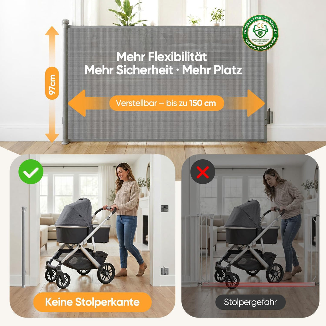 Sekey Treppenschutzgitter Ausziehbar 0-150 cm, Höhe 97 cm, Feste Schraubmontage Türschutzgitter, Kin