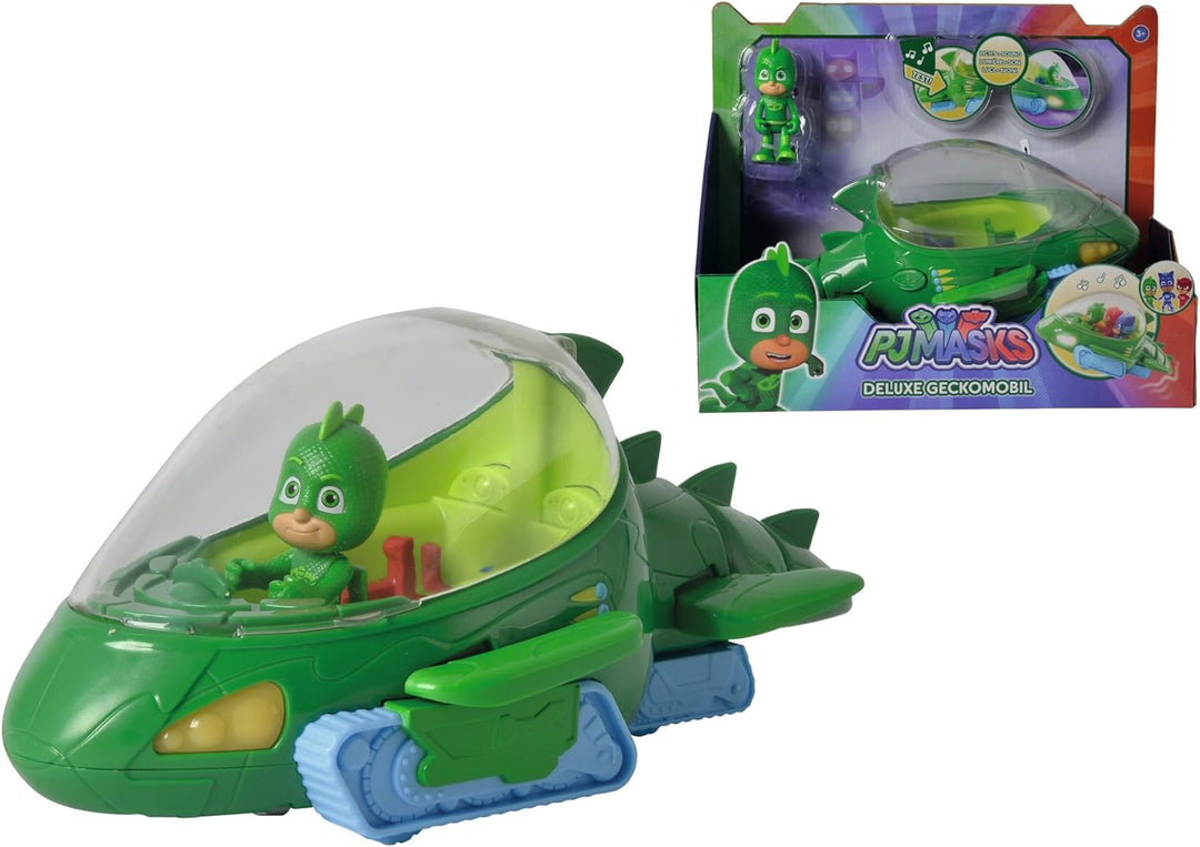 Simba 109402152 - PJ Masks Deluxe Geckomobil, Licht und Sound, 27cm, mit Spielfigur 8cm, Schwanz und