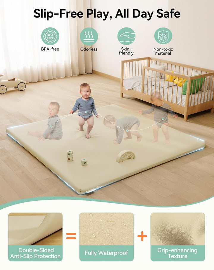 COMOMY Veganes Leder Krabbelmatte Baby, 127x127x3 cm Krabbeldecke für Baby, Extra Dicke und Weiche S