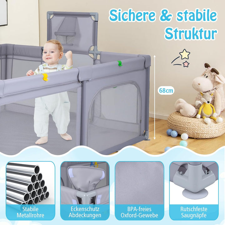 DREAMADE Laufstall baby, Laufgitter mit Matratze & Basketballkorb & Zugring, Schutzgitter mit Rutsch