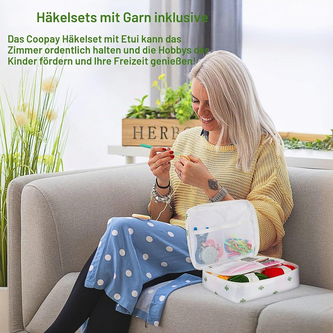 Coopay 58 Stück Häkelset für Anfänger, Inklusive Häkelnadeln mit Weicher Griff, Spitze Häkelnadel, H