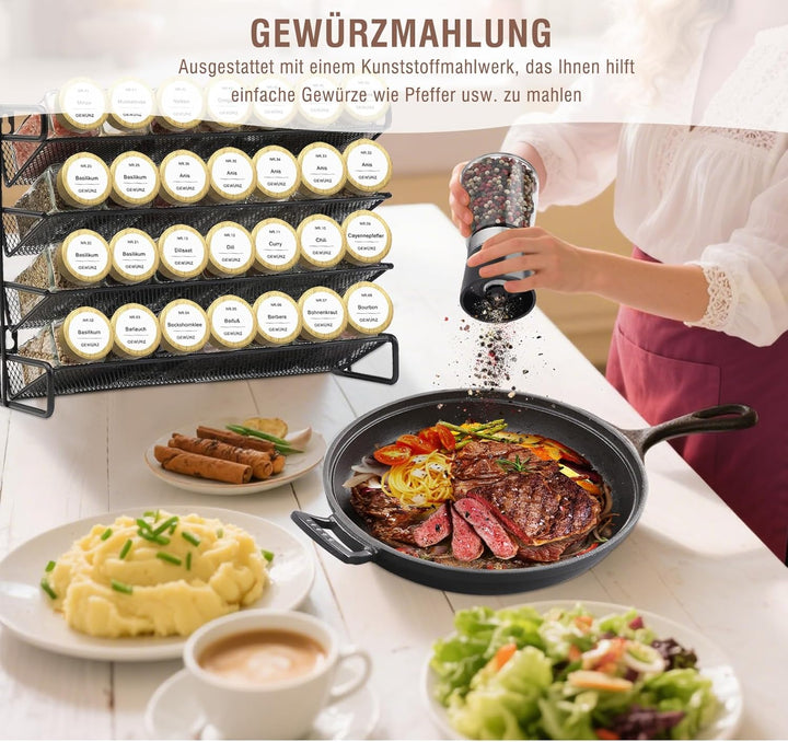 24 Gewürzgläser Eckig Set mit Bambusdeckel 10,5 x 4,5 cm Gewürz Organizer mit Gewürzmühle und 200 We