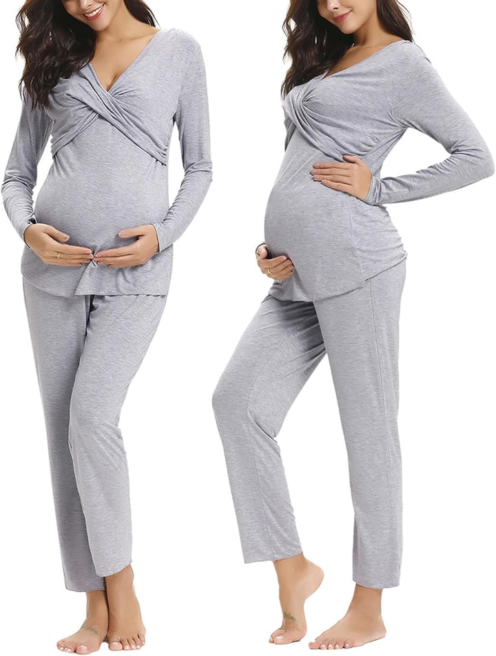 Stillpyjama Damen Lang Stillschlafanzug Baumwolle Umstandspyjama Lang Schwangerschaft Pyjama Stillfu