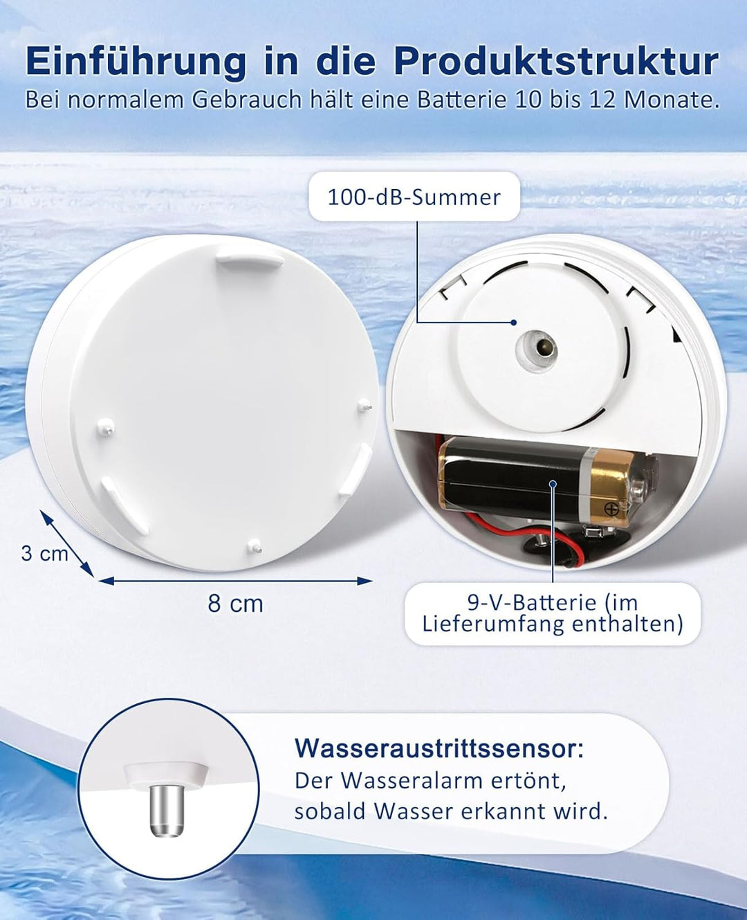 Geevon 6 Pack Wassermelder, 100dB Wassersensor Alarm Flut-Detektor für Keller, Badezimmer, Waschküch