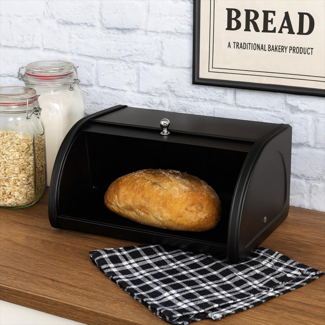 Rollbrotkasten 31,5 cm, schwarzer Brotkasten aus Metall für Brot und Brötchen, kompakte Brotbox für