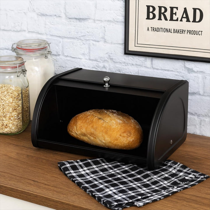 Rollbrotkasten 31,5 cm, schwarzer Brotkasten aus Metall für Brot und Brötchen, kompakte Brotbox für