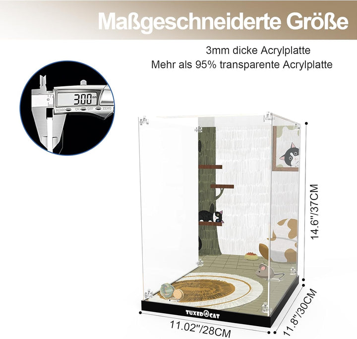 cooldac Acryl-Vitrine kompatibel mit Lego 21349 - Schwarz-weisse Katze, Staubdichte mit HD-animierte