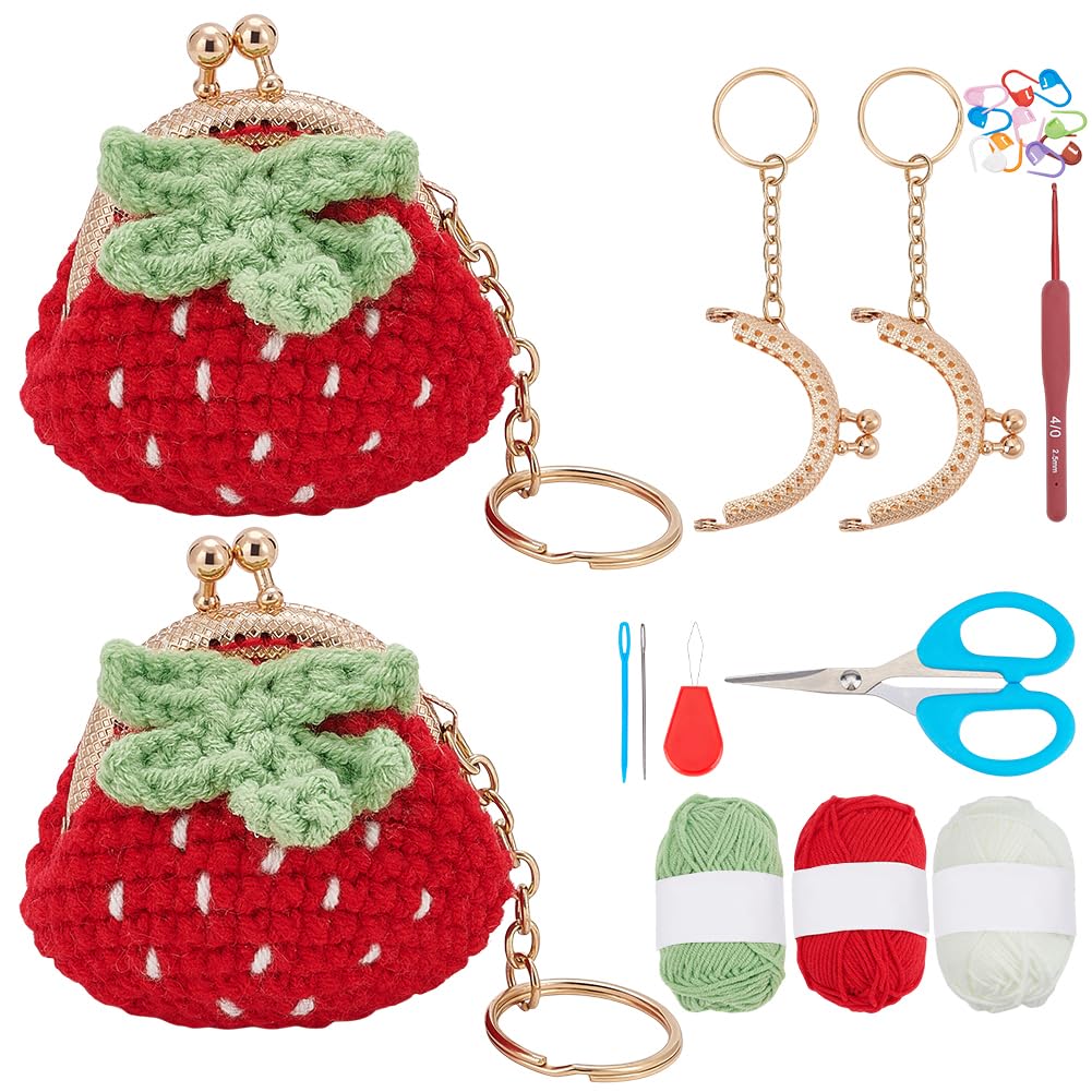 ORIGACH 2 Stück Erdbeer Geldbörse Häkelset Für Anfänger, DIY Kiss Lock Brieftasche Starter Häkelset