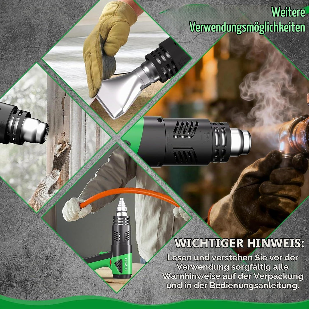 1800W Heissluftfön - Erwärmt in 1,5 s, 50°C-650°C, 2 Geschwindigkeiten &amp; Überhitzungsschutz, mit Sch