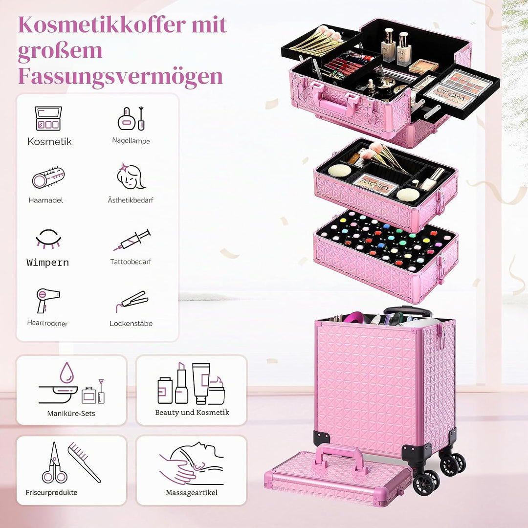 Arous 5-in-1 Profi-Kosmetikkoffer, Aluminium, mit 360° drehbaren Rädern Hellrosa, Hellrosa