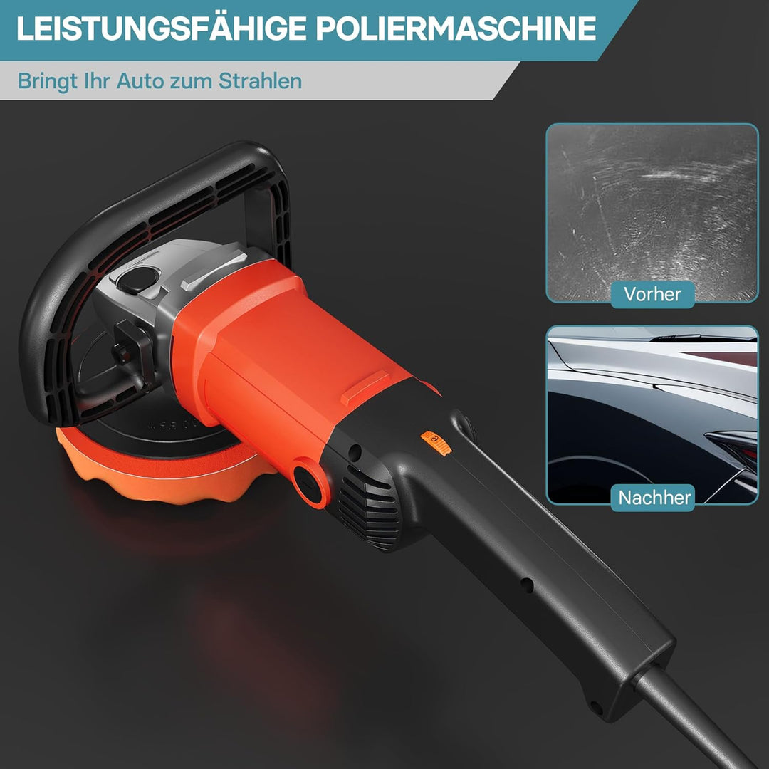 Wiltec Auto Poliermaschine Schleifmaschine 1200W bis 3000 U/min, Poliergerät mit 6 Stufen, mit Tasch