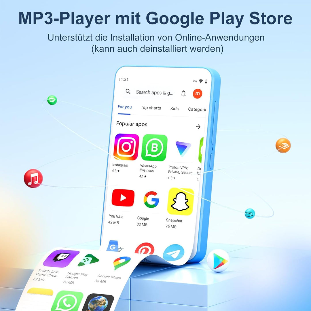 80GB MP3 Player mit Bluetooth und WiFi, Oilsky 4 Zoll 1080P Touchscreen Player, MP3 MP4 Musikplayer,