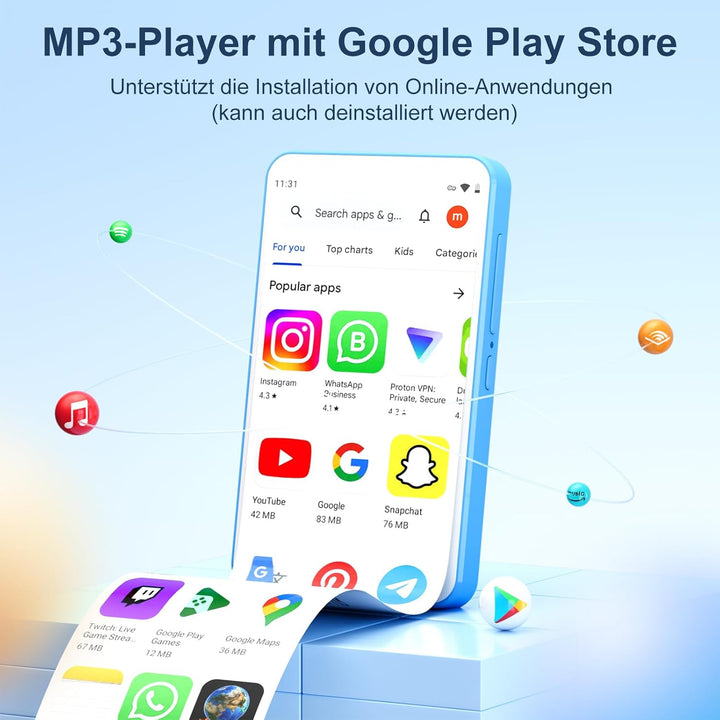 80GB MP3 Player mit Bluetooth und WiFi, Oilsky 4 Zoll 1080P Touchscreen Player, MP3 MP4 Musikplayer,