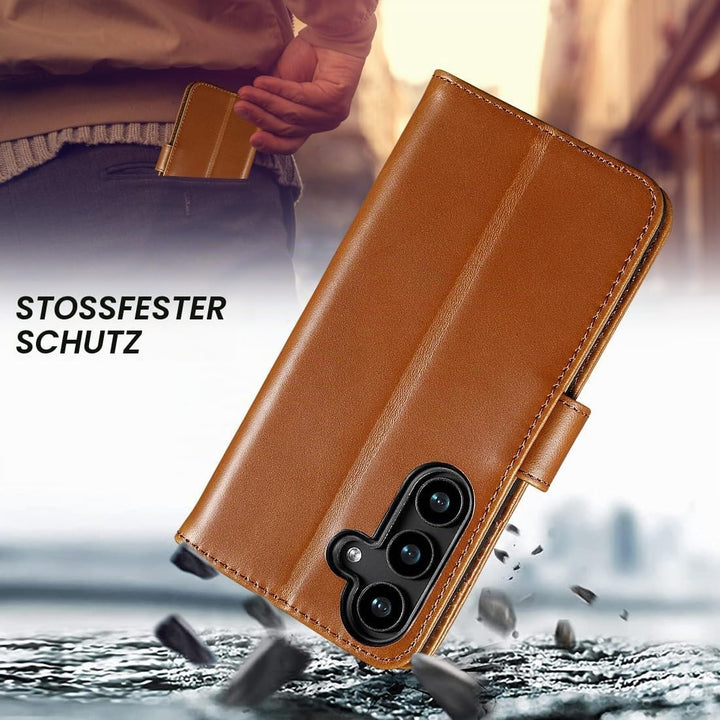 LENSUN Lederhülle für Samsung Galaxy S25 Echtleder, Handyhülle [Brieftasche][RFID Schutz][Standfunkt