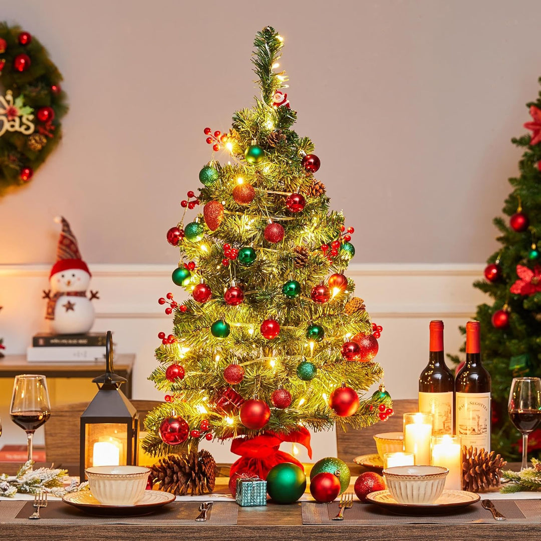 Yaheetech 90cm Mini Künstlicher Weihnachtsbaum mit 50 Warmweiss LED Beleuchtung & 60 Roten Beeren Kl