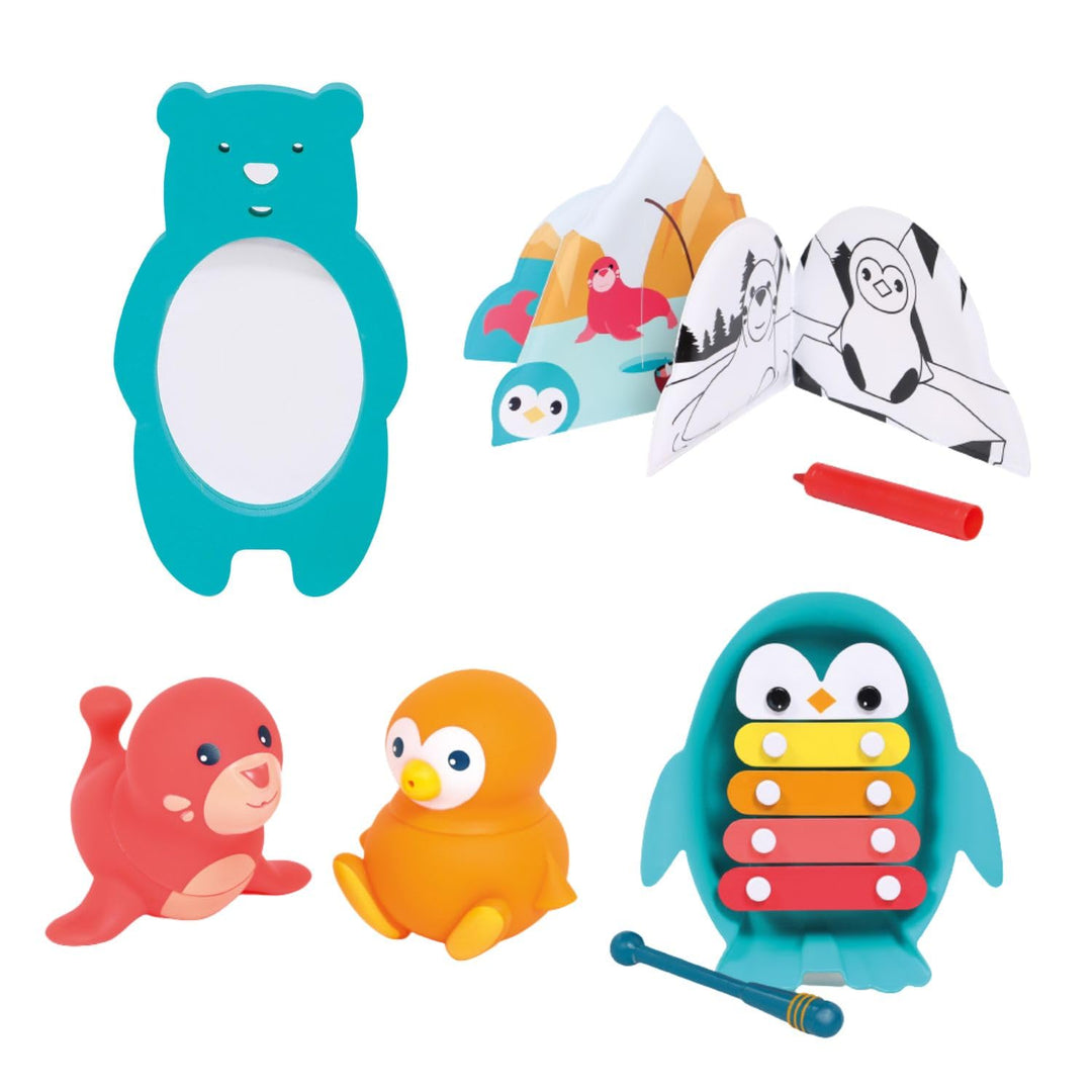 LUDI - Arktisches Bade-Set - Xylophon, Buch, Spiegel, Badestift und 2 Spritztierchen - Badespielzeug