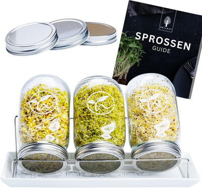 ZELLGUT® 2in1 Sprossenglas 3er Set - Keimglas 100% Plastikfrei - Vorratsglas Funktion durch extra De