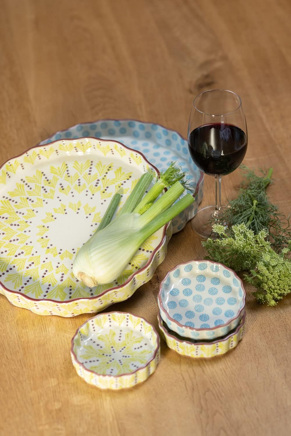 Tranquillo 6er Set Tarteletteform aus Steinzeug mit handgestempeltem Print weiss/blau RETRO, Ø11 x 3