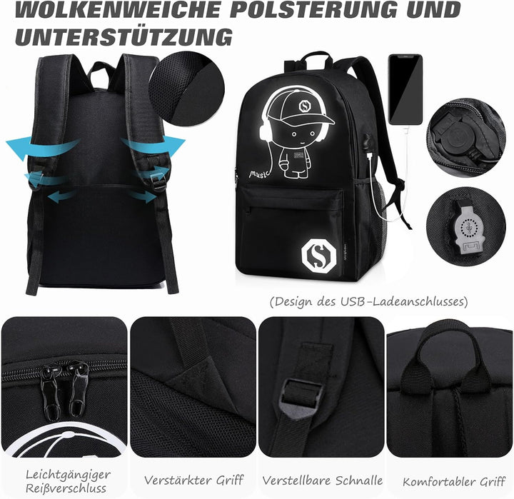 FANDARE Schulrucksack Galaxy Leuchtend Schultasche Junge Mädchen Rucksäcke Schulranzen mit USB Teena