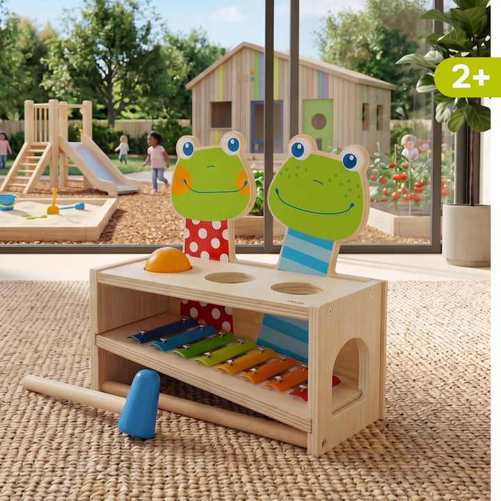 HABA 304271 - Klang-Klopfbank Froschkonzert, Klopfbank und Metallophon mit Kugel und Schlägel, Spiel
