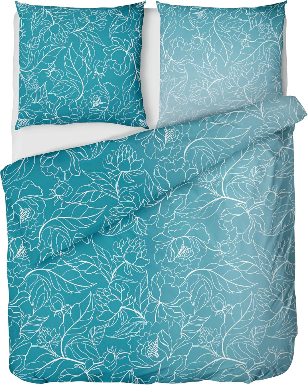 Biber Bettwäsche Set 2tlg 135 x 200cm - Winterbettwäsche Blumen Ranken-Motiv in Türkis Weiss - Fein-