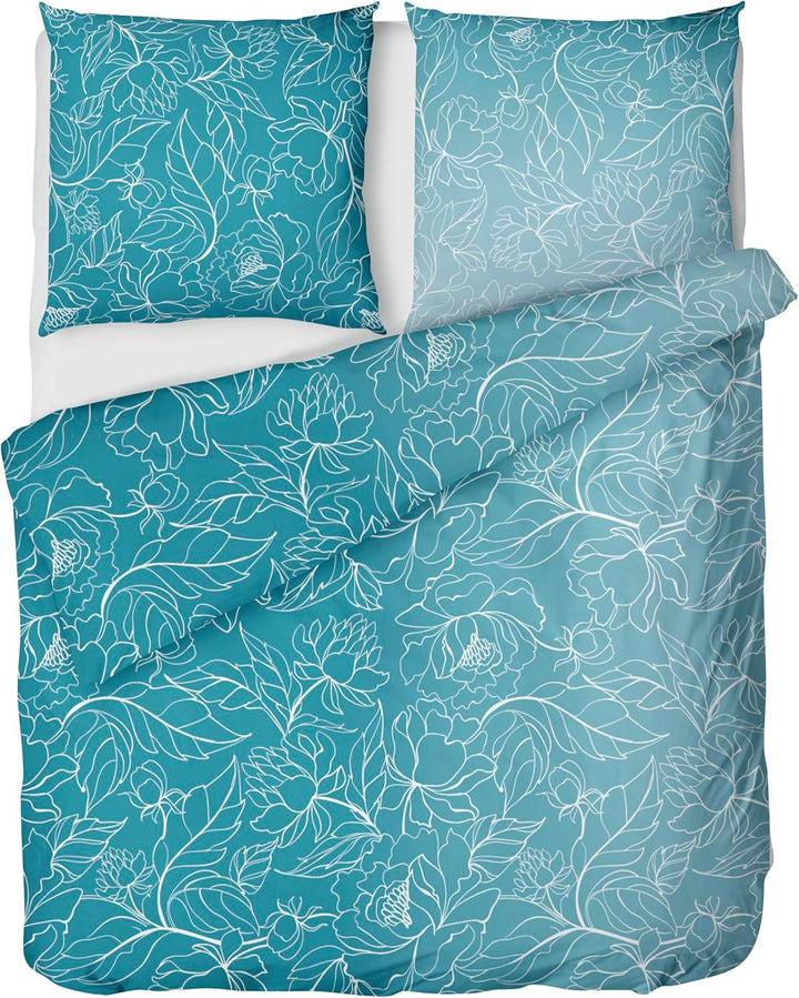 Biber Bettwäsche Set 2tlg 135 x 200cm - Winterbettwäsche Blumen Ranken-Motiv in Türkis Weiss - Fein-