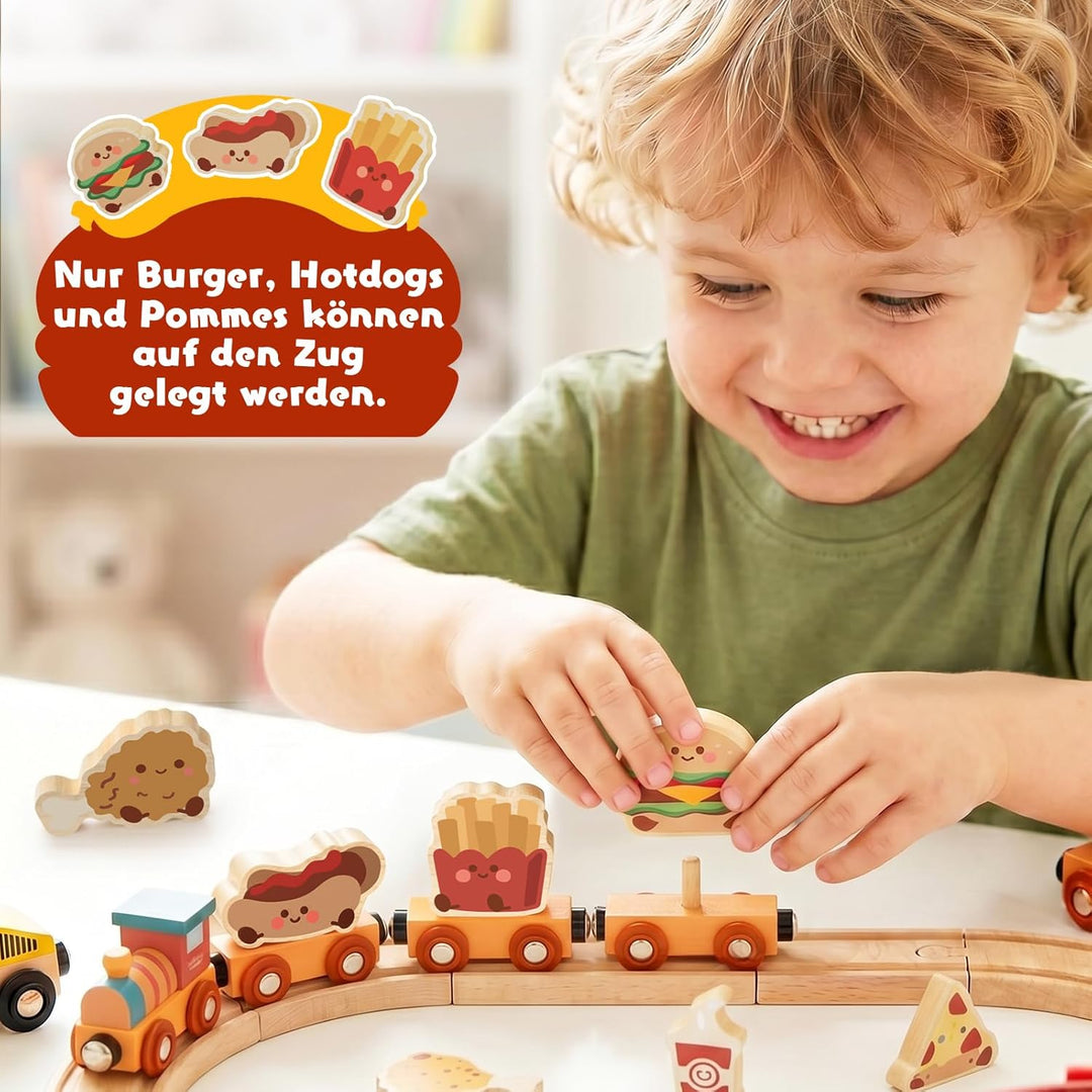 Lehoo Castle Holzeisenbahn Set, Hamburger Holz Eisenbahn Kinder mit Pizza, Burger, Pommes & Zubehör,